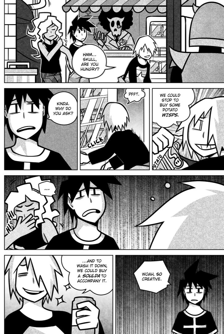 Chapter 11 Page 24 Comic page depicting Melon offering food named after puns from the underworld to Skull