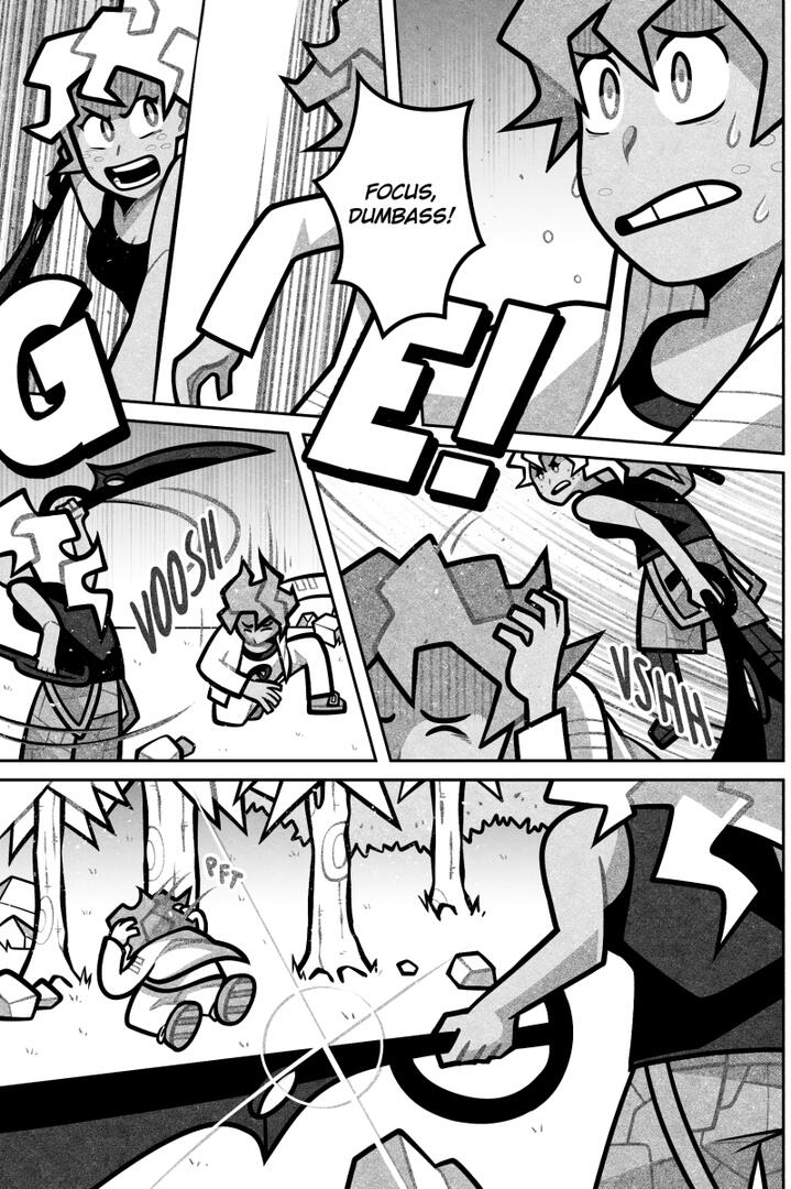 Chapter 15 Page 28 Comic page depicting Elise and Leo fighting on Skull's trial, with Elise swinging her axe.