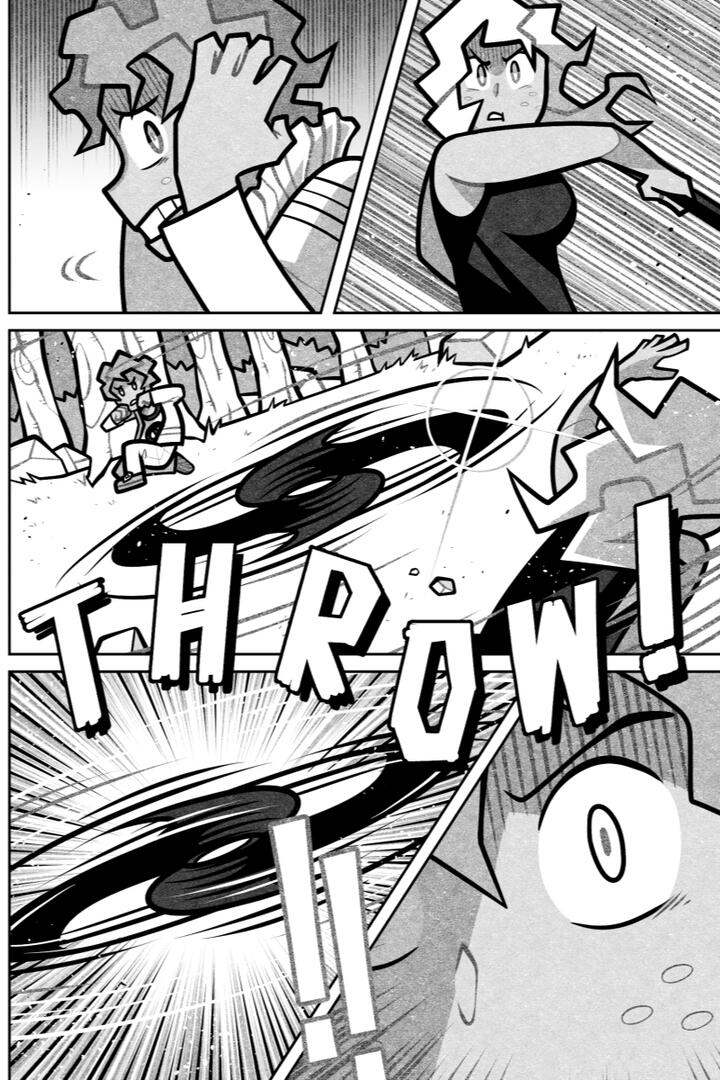 Chapter 15 Page 29 Comic page depicting Elise throwing one of her axes at Leo.