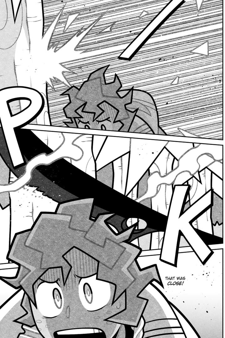 Chapter 15 Page 30 Comic page depicting Leo dodging Elise's axe by ducking and letting it hit the tree behind him.