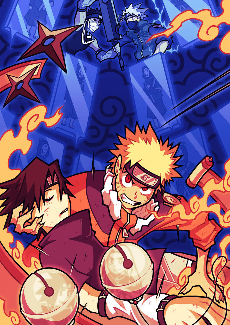 "LAND OF WAVES" FAN-ART Illustration of the famous manga series "Naruto" highlighting intense emotions, sharp line-art and color contrast between orange and blue.