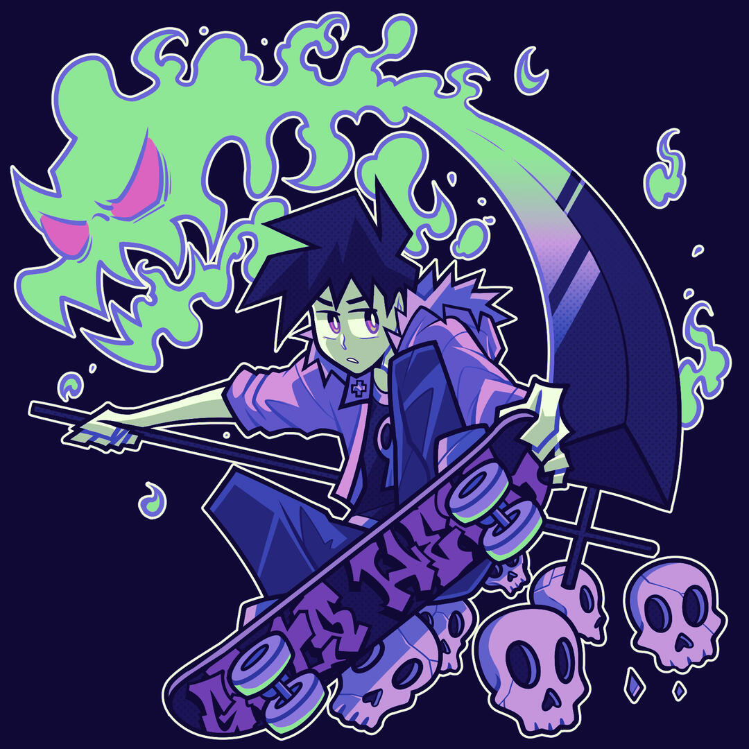 SK8TER BOY Limited palette illustration depicting an original character from the comic series "Go to Hell" in sticker mockup composition