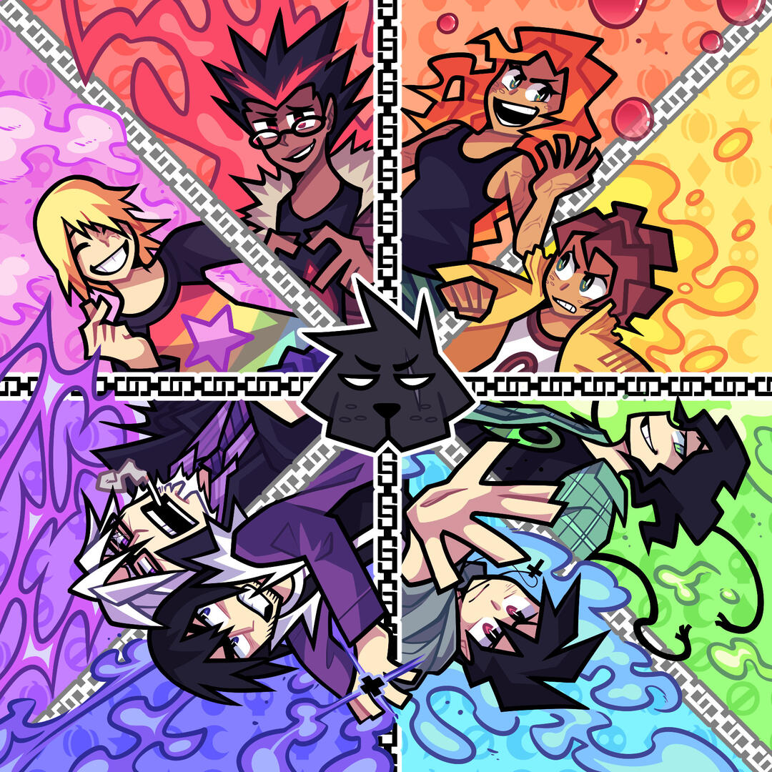 COLOR WHEEL Original characters separated in wheel composition by different colors of the rainbow, highlighting a good range of colorful palettes complimenting each other.
