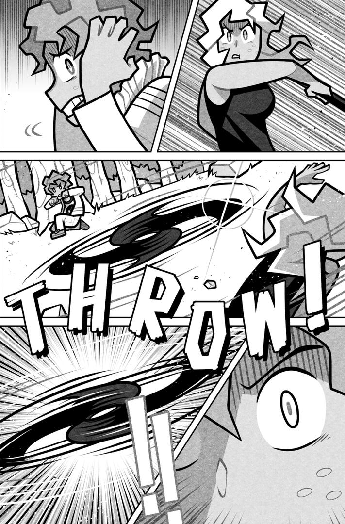 Chapter 15 Page 29 Comic page depicting Elise throwing one of her axes at Leo.